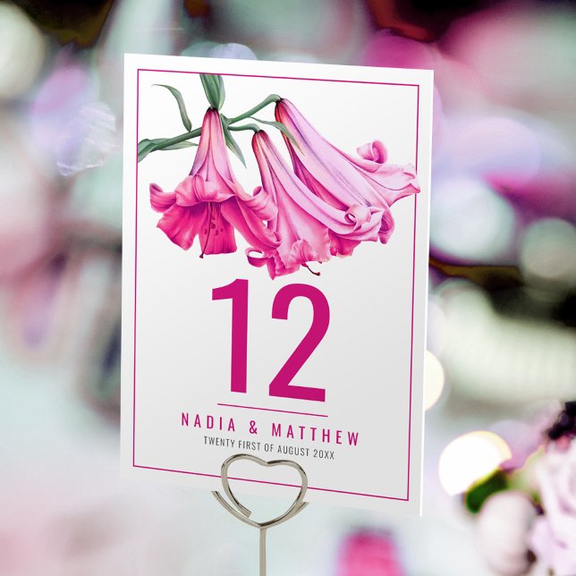 Numéro De Table L'art du lys trompette rose fleurs botaniques mari (Créateur téléchargé)