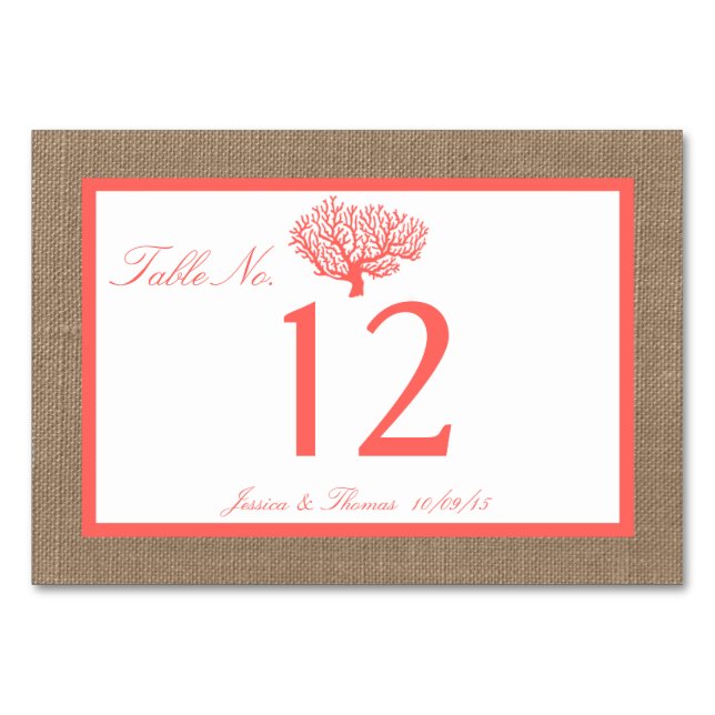 Numéro De Table Le Corail Sur Burlap Boho Beach Wedding Collection (Devant)