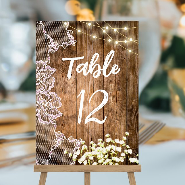 Numéro De Table Lights Lace & Baby's Breath Wood Table Mariage (Créateur téléchargé)