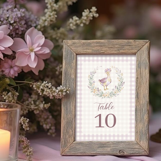 Numéro De Table Lilac Gingham Baby Goose Table Number LPM26 (Cottagecore Lilac Gingham Table Number Card Featuring a Watercolor Effect Baby Goose with Flowers.)