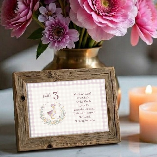 Numéro De Table Lilac Gingham Baby Goose Table Seating Card LPM26 (Cottagecore Lilac Gingham Table Seating Card Featuring a Watercolor Effect Baby Goose with Flower.)