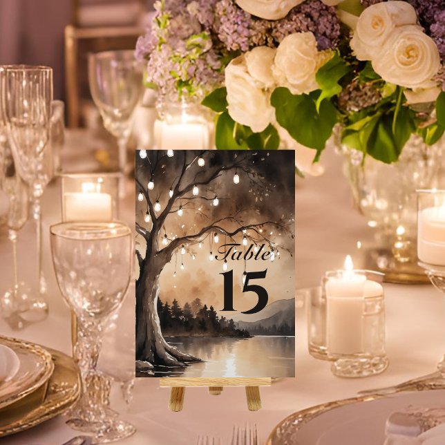 Numéro De Table Lumières À Chaînes Sur Le Mariage campagnard Roman (Front view string lights on tree romantic country wedding barn wood fairy lights table number sign)