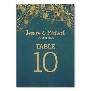 Numéro De Table Lumières de mariage Bokeh sarcelle et or