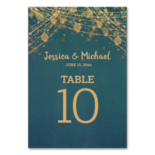 Numéro De Table Lumières de mariage Bokeh sarcelle et or (Par défaut)