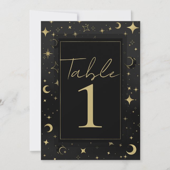 Numéro de table Lune Étoiles Célestes Noir & Or (Devant)