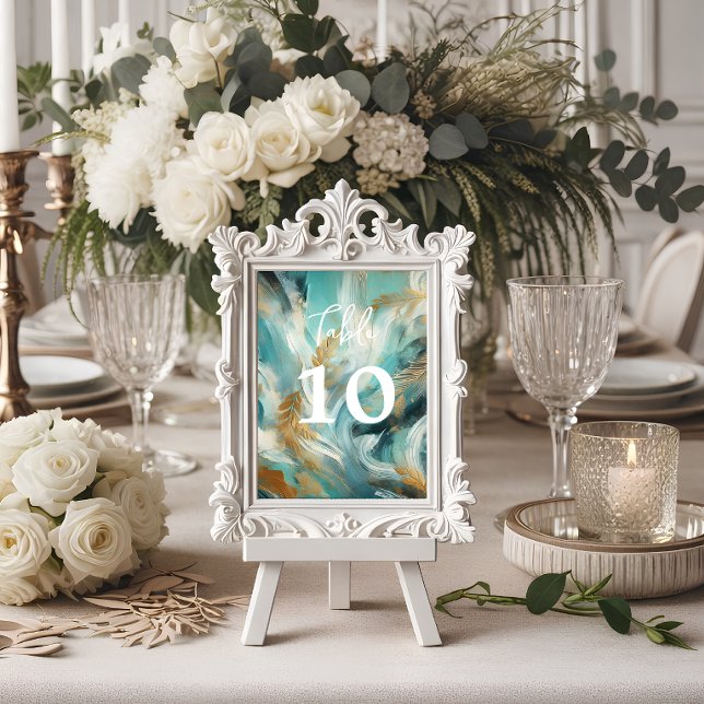 Numéro De Table Luxe Turquoise Or Traits de Pinceau (Créateur téléchargé)