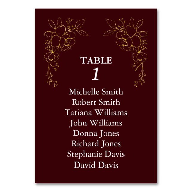 Numéro De Table Luxury Gold Flowers Royal Deep Burgundy Wedding (Dos)