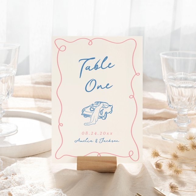 Numéro De Table Main Whimsical Tirée Bleu & Rose (Créateur téléchargé)