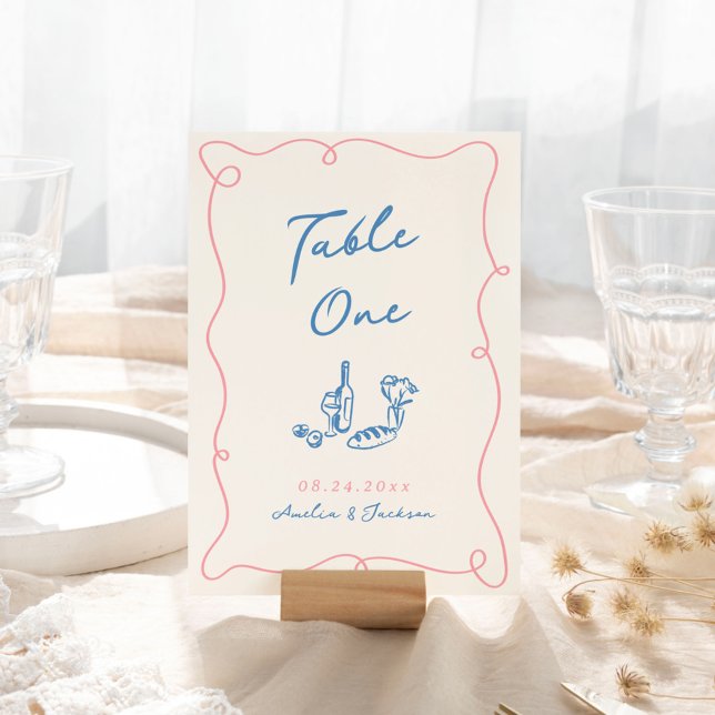 Numéro De Table Main Whimsical Tirée Bleu & Rose (Créateur téléchargé)