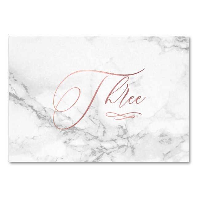 Numéro De Table Marbre Faux Rose Or Calligraphie romantique Trois  (Devant)