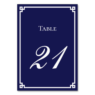 Numéro De Table Mariage à bordure grecque bleue marine et blanche