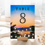 Numéro De Table Mariage à cordes Tropical Beach Sunset<br><div class="desc">Elégante carte de numéro de table avec typographie moderne contre un arrière - plan romantique au coucher du soleil.</div>