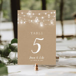 Numéro De Table Mariage à double face, voyants à chaînes rustiques<br><div class="desc">Cartes de numéro de table mariage imprimées abordables avec un simple modèle do-it-yourself pour la personnalisation. Ce design rustique chic présente des brins de lumières à cordes brillantes et des jarres de maçon sur un arrière - plan en papier imitation kraft. Personnalisez chaque numéro de table dont vous avez besoin...</div>