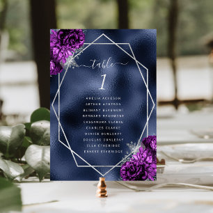Numéro De Table Mariage à huile bleu marine Floral Silver Frame