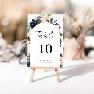Numéro De Table Mariage à la Navy et au Blush Floral Script Fantai