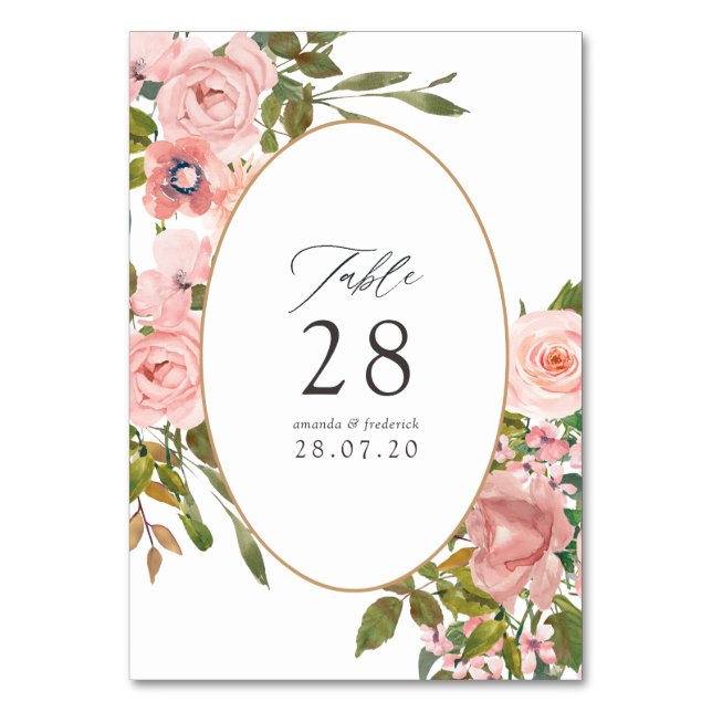 Numéro De Table Mariage à l'aquarelle en rose blush et roses en or (Par défaut)