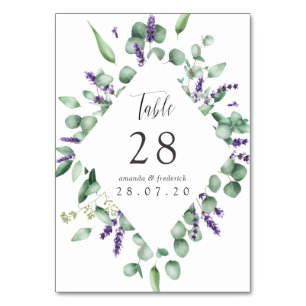Numéro De Table Mariage à l'aquarelle Eucalyptus & Lavande avec ve
