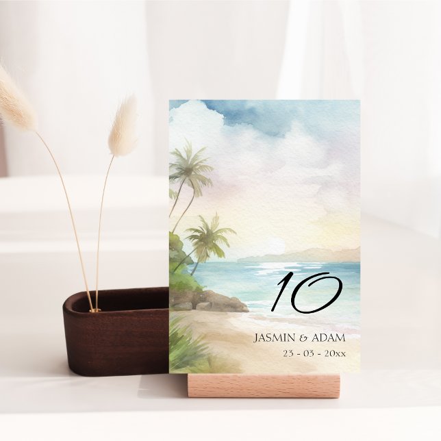 Numéro De Table Mariage à l'aquarelle Palmier de Plage Tropicale (Watercolor Tropical Beach Palm Trees Wedding Table Number)
