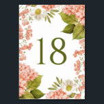 Numéro De Table Mariage à l'aquarelle vintage d'hortensia orange<br><div class="desc">Numéros de table à l'aquarelle de fleurs d'hortensia pêche rustique | Numéros de table personnalisables avec illustrations à l'aquarelle d'hortensias pêche, de fleurs blanches et de verdure avec un script élégant. Ces numéros de table botaniques sont parfaits pour les mariages de printemps. les baby showers, les enterrements de vie de...</div>