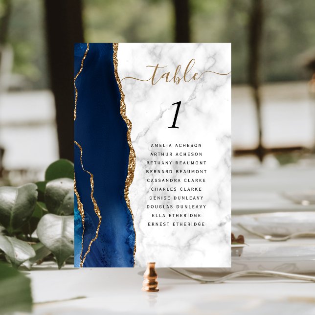 Numéro De Table Mariage à Marbre Agate Or Bleu Marine (Créateur téléchargé)