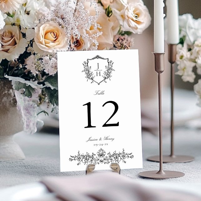 Numéro De Table Mariage à monogramme à couronne florale Régence él (Créateur téléchargé)