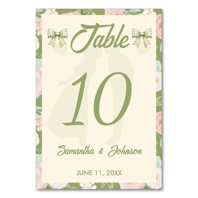 Numéro De Table Mariage à noeud Gingham Vert Fleur Sauvage (Par défaut)