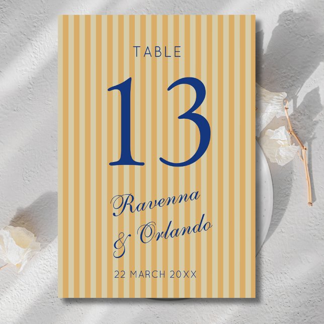 Numéro De Table Mariage à rayures rétro miel bleu marine (Créateur téléchargé)