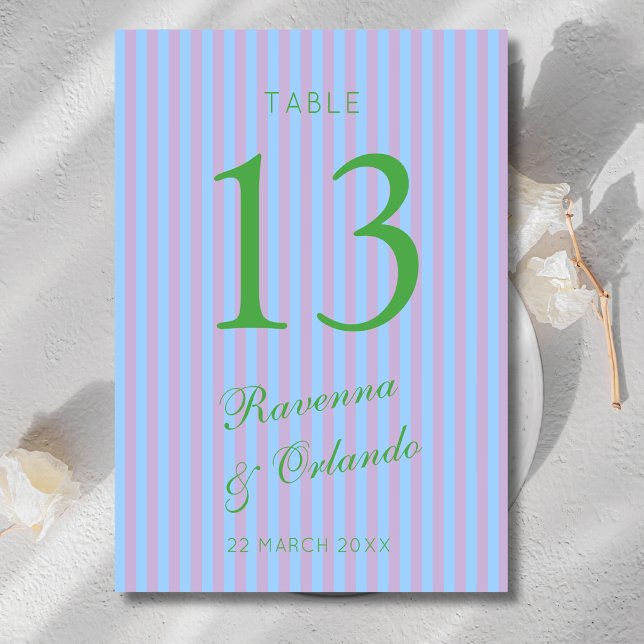 Numéro De Table Mariage à rayures vert Citron Bleu Rose Rétro (Créateur téléchargé)