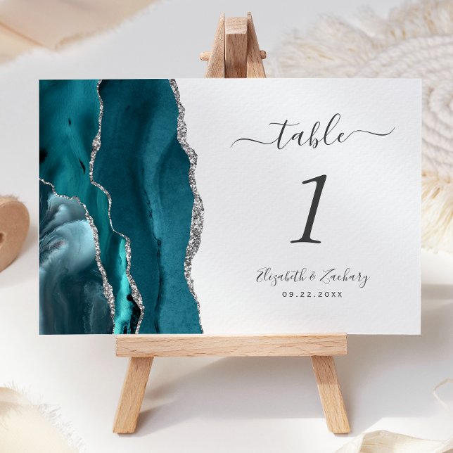 Numéro De Table Mariage Agate Bleu Turquoise Argent (Créateur téléchargé)