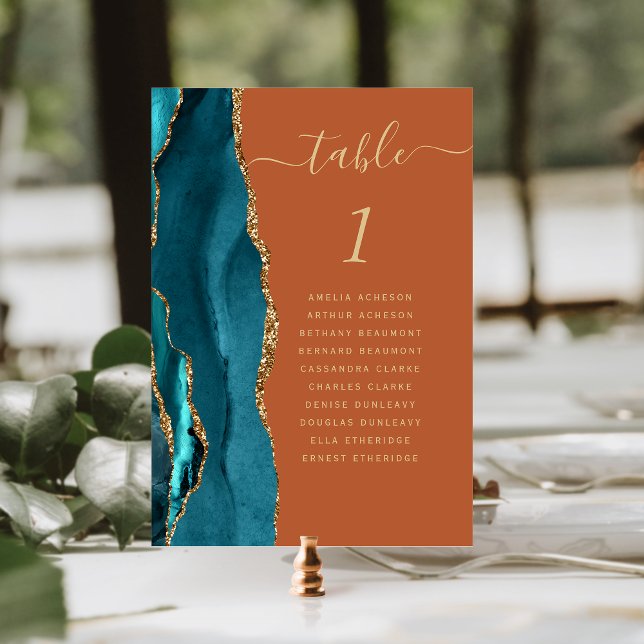 Numéro De Table Mariage Agate Dorée Orange Brûlé Teal (Créateur téléchargé)