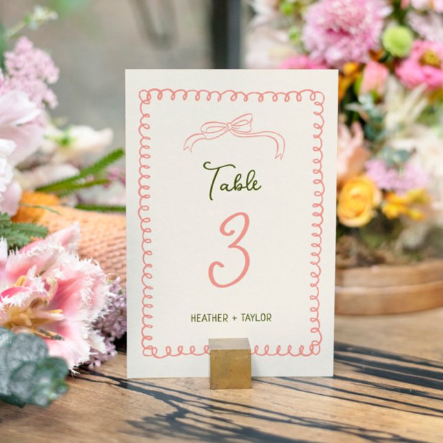 Numéro De Table Mariage amusant français rose et vert tiré à la ma (Créateur téléchargé)