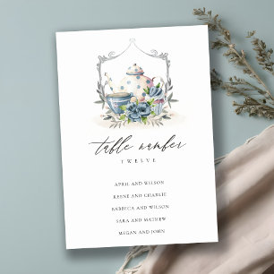 Numéro De Table Mariage Aqua Blue floral Teapot Crest Crest Crest