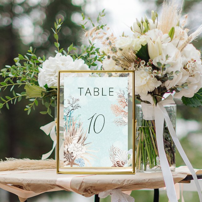 Numéro De Table Mariage Aqua Ocean & Shells (Modern Aqua Ocean & Seashells Table Number Card)
