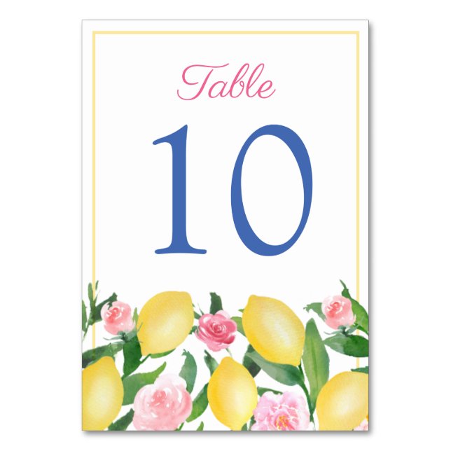 Numéro De Table Mariage Aquarelle Amalfi Citrons Rose Bleu Cobalt (Par défaut)