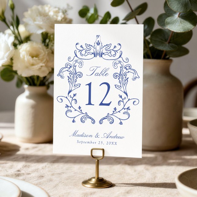 Numéro De Table Mariage au Blason Bleu Élégant (Créateur téléchargé)