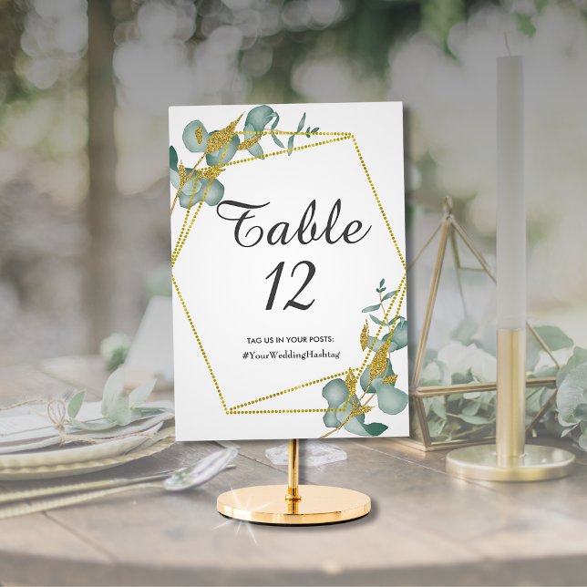 Numéro De Table Mariage au feuillage pailleté or Eucalyptus Hashta (Eucalyptus Gold Glitter Foliage Wedding Greenery Botanical Theme Wedding Table Decor)
