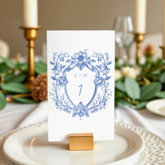 Numéro De Table Mariage au monogramme de crête bleu classe (Classy Blue Crest Monogram Wedding Table Number)