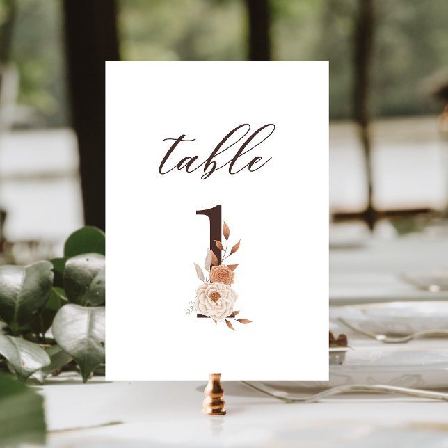 Numéro de table Mariage Automne Floral 1 Brun Roui (Créateur téléchargé)