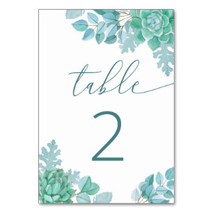 Numéro De Table Mariage aux Succulentes de Teal Botanique Bleu V
