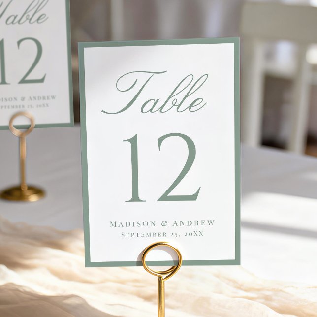 Numéro De Table Mariage avec une bordure vert sauge moderne (Créateur téléchargé)