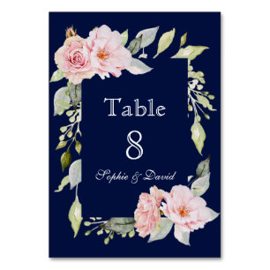 Numéro De Table Mariage bleu marine à fleurs rose pâle
