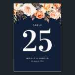 Numéro De Table mariage bleu marine floral d'automne Numéro de tab<br><div class="desc">Décor à thème automne avec or,  fleurs rousses et bordeaux et bleu marine. Le texte et les couleurs de cette carte peuvent être personnalisés.</div>