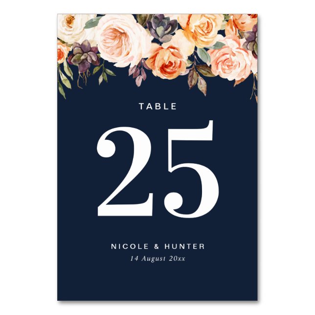 Numéro De Table mariage bleu marine floral d'automne Numéro de tab (Par défaut)
