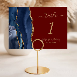 Numéro De Table Mariage bleu marine or agate bordeaux