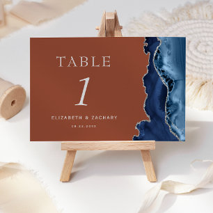 Numéro De Table Mariage Bleu Nuit Agate Argent Orange Brûlé