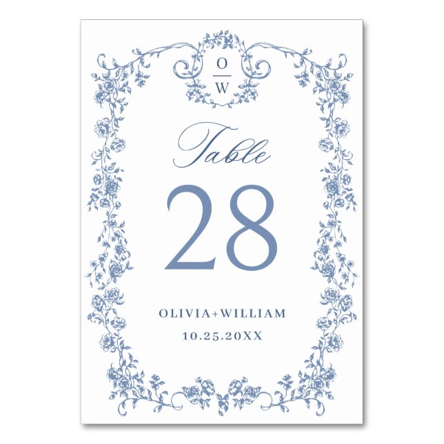 Numéro De Table Mariage Bleu Poussiéreux à Fleurs de Grâce Ornée V (Par défaut)