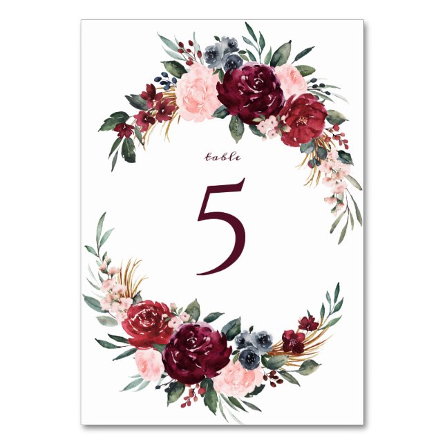 Numéro De Table Mariage boho rustique bordeaux aquarelle (Par défaut)