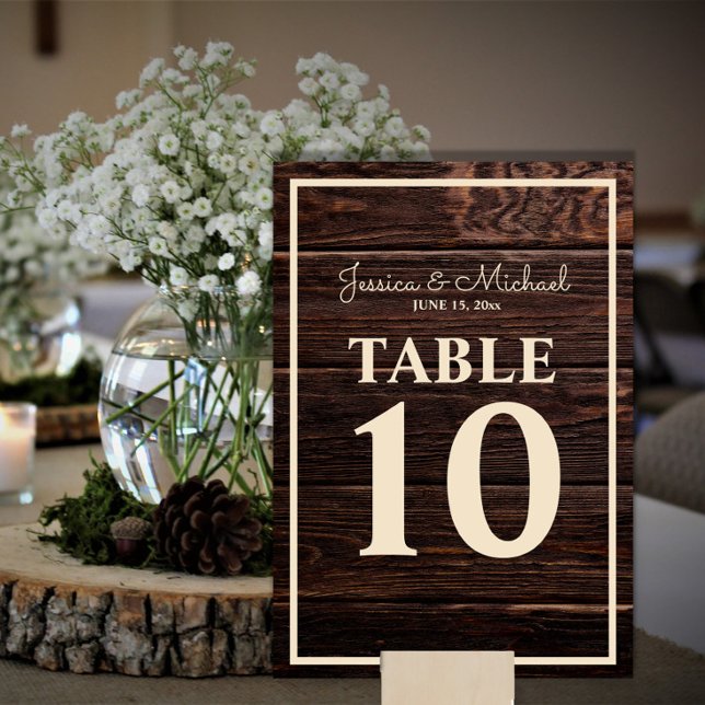Numéro De Table Mariage Bois Brun Foncé Rustique Crème (Rustic wood wedding table number)