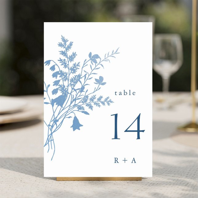 Numéro De Table Mariage botanique élégant bleu français (Créateur téléchargé)