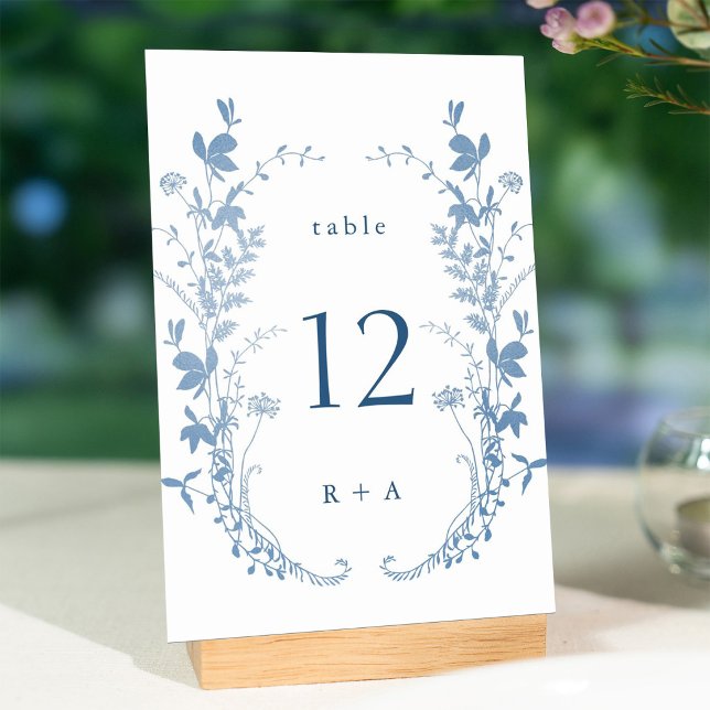 Numéro De Table Mariage botanique élégant bleu français (Créateur téléchargé)